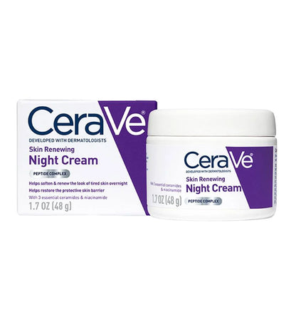 CeraVe Skin Renewing Night Cream packaging with biomimetic peptide complex for skin renewal
