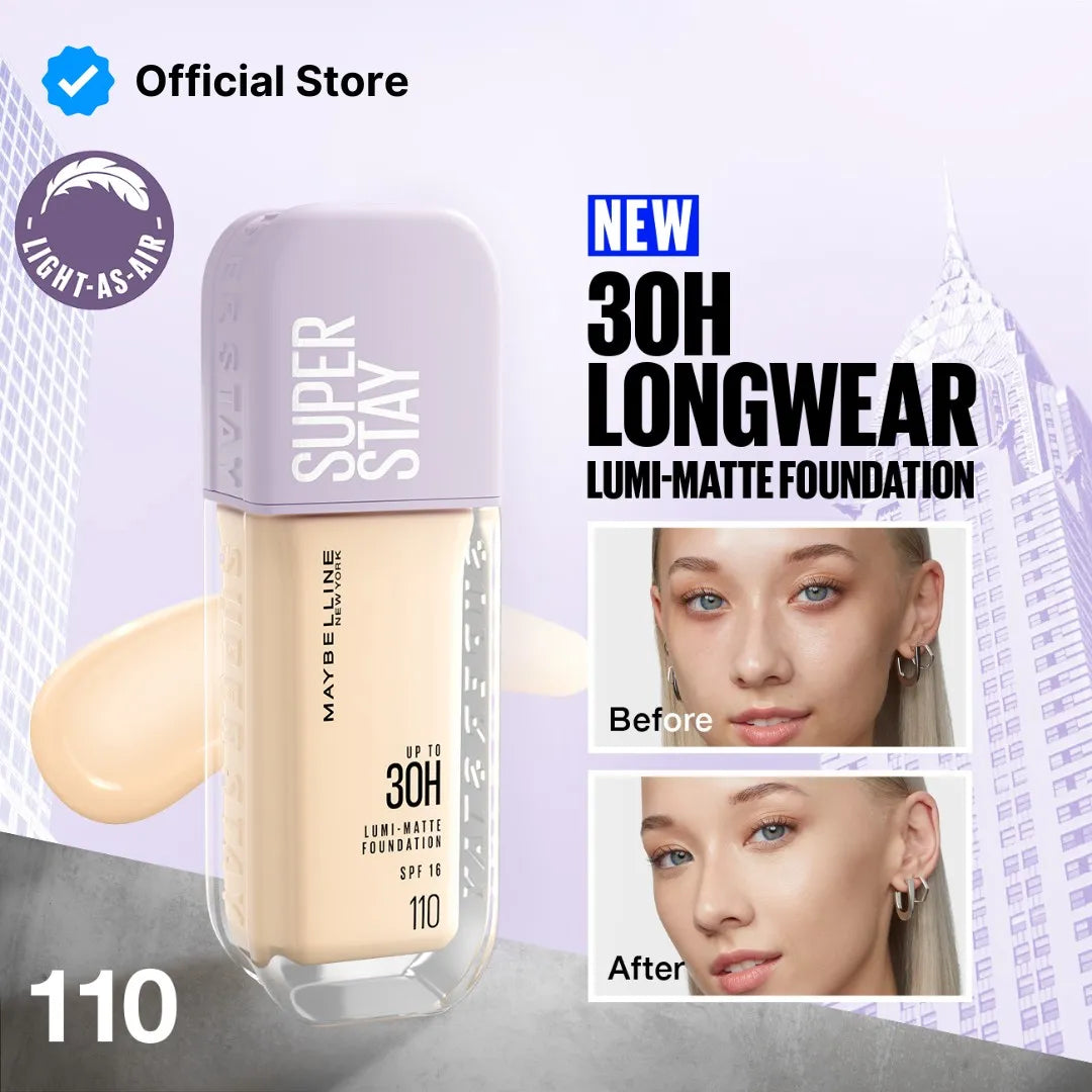 Maybelline Super Stay Lumi Matte Foundation bottle with up to 30 hour long-lasting matte coverage