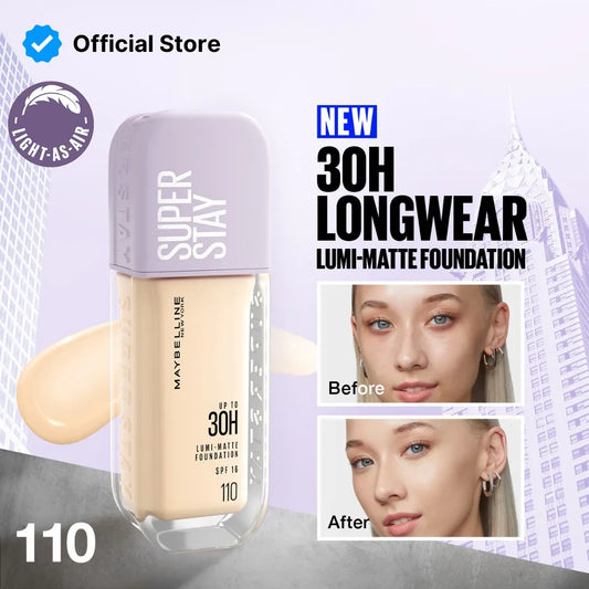 Maybelline Super Stay Lumi Matte Foundation bottle with up to 30 hour long-lasting matte coverage