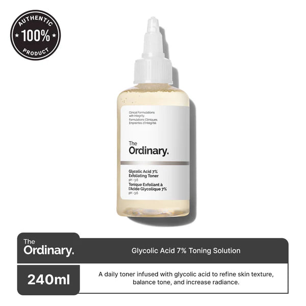 The Ordinary Glycolic Acid 7% Toning Solution packaging with AHA exfoliation details
