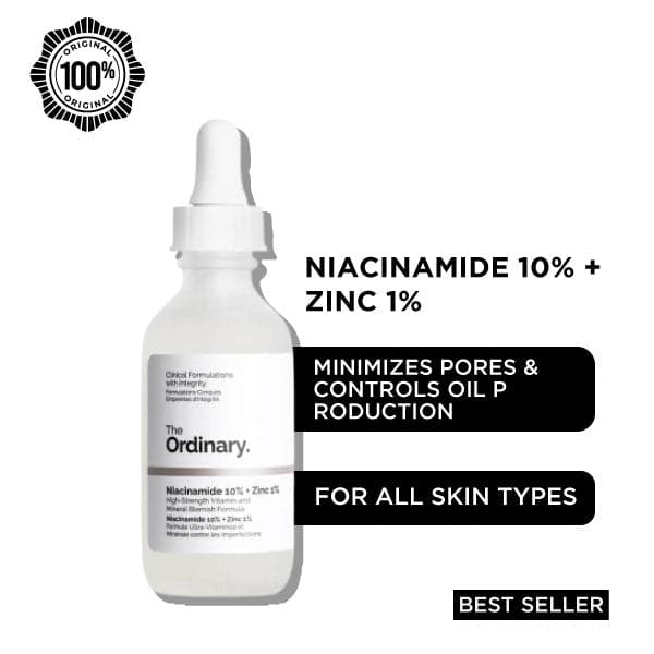 The Ordinary Niacinamide 10% + Zinc 1% Serum texture and packaging with oil-balancing formula