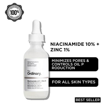 The Ordinary Niacinamide 10% + Zinc 1% Serum texture and packaging with oil-balancing formula