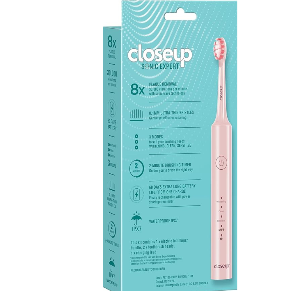 Closeup Sonic Expert 8x Plaque Removal Rechargeable Toothbrush with 2 brush heads and 700mAh battery for deep cleaning