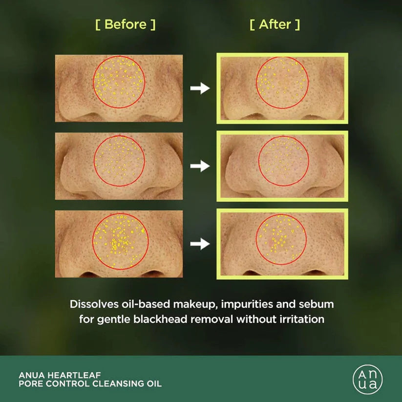 Anua Heartleaf Pore Control Cleansing Oil texture showing lightweight oil cleanser formula