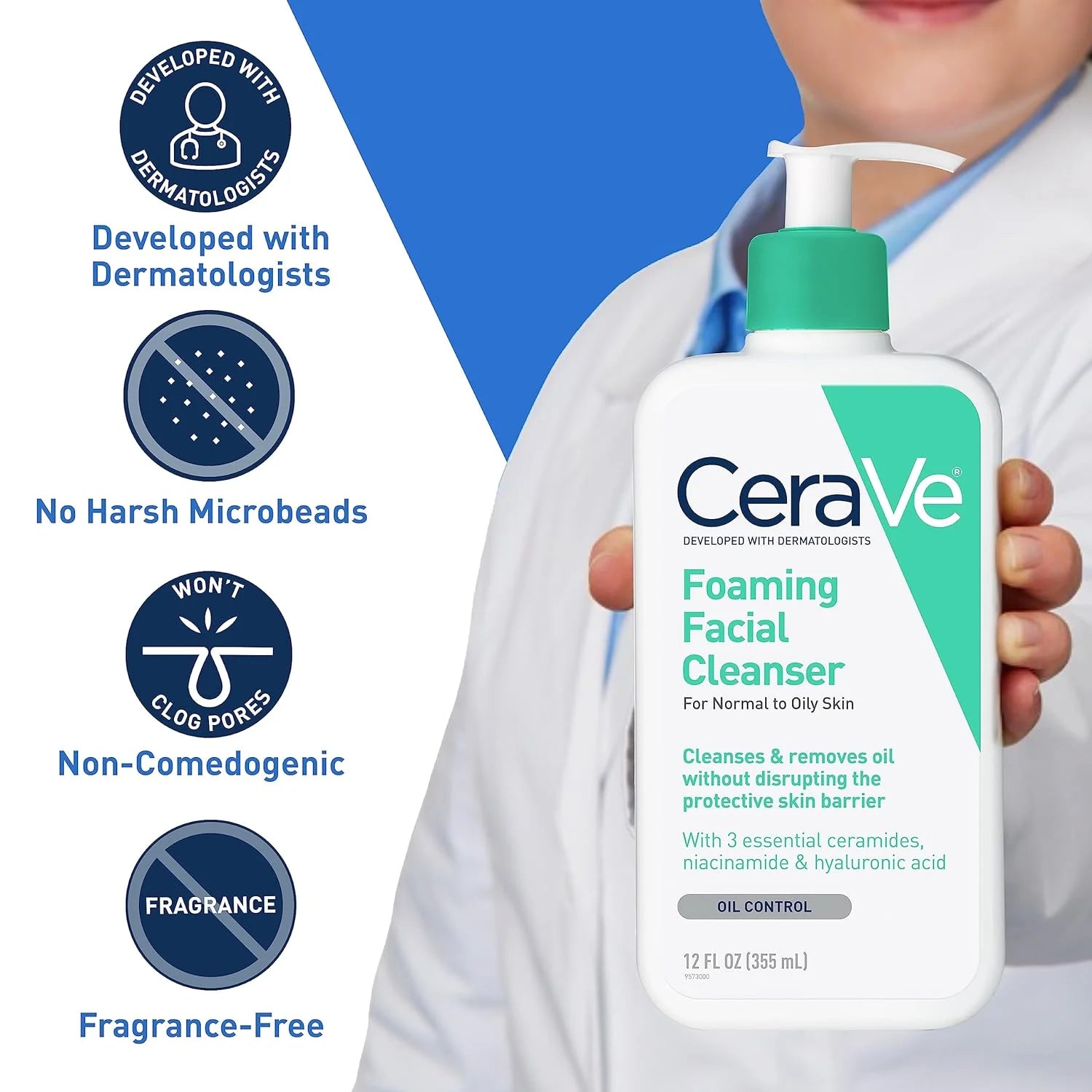 CeraVe Foaming Facial Cleanser packaging with dermatologist developed non-comedogenic formula