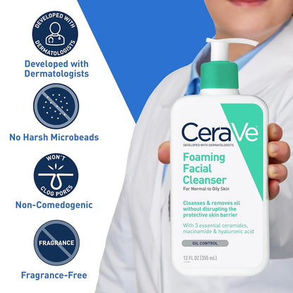 CeraVe Foaming Facial Cleanser packaging with dermatologist developed non-comedogenic formula