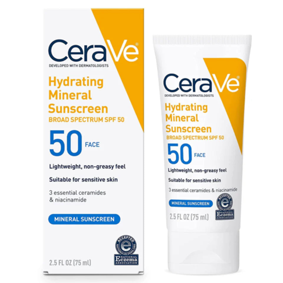 CeraVe Hydrating Sunscreen SPF50 packaging with dermatologist recommended seal