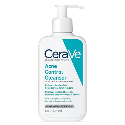 CeraVe Acne Control Cleanser bottle with salicylic acid and niacinamide for acne-prone skin