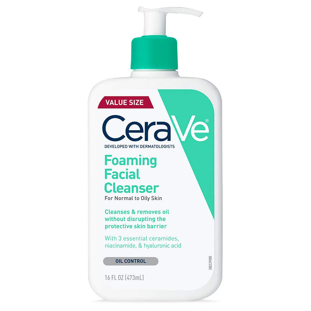 CeraVe Foaming Facial Cleanser bottle with ceramides and hyaluronic acid for normal to oily skin