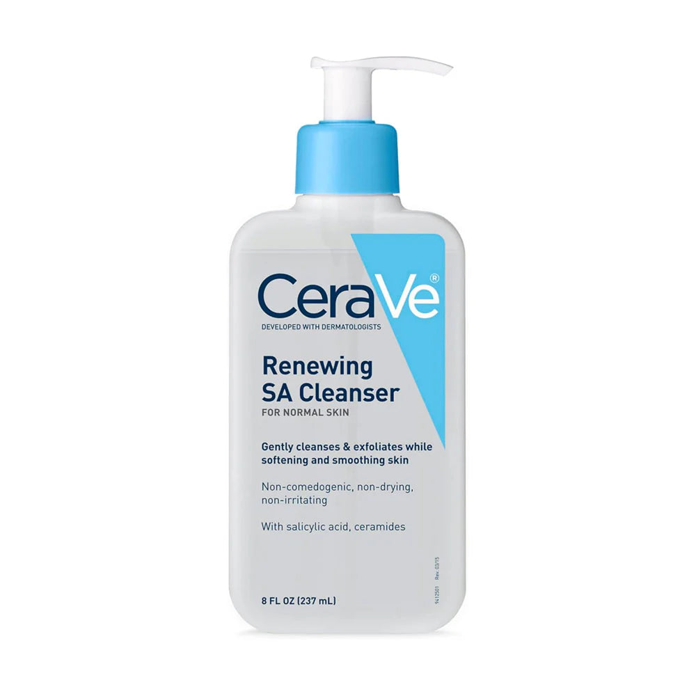 CeraVe Renewing SA Cleanser bottle with salicylic acid for exfoliating and smoothing rough skin