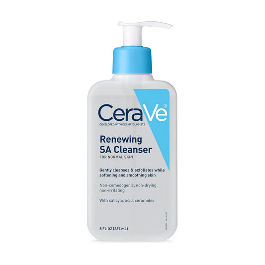 CeraVe Renewing SA Cleanser bottle with salicylic acid for exfoliating and smoothing rough skin