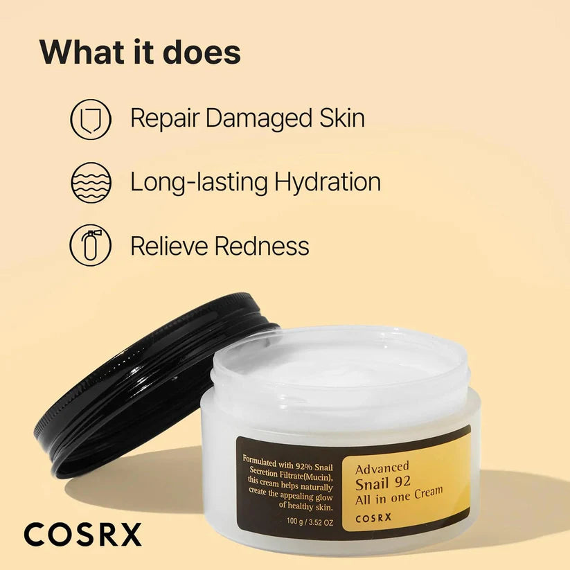 Cosrx Advanced Snail 92 All In One Cream jar with snail mucin for hydration and skin repair