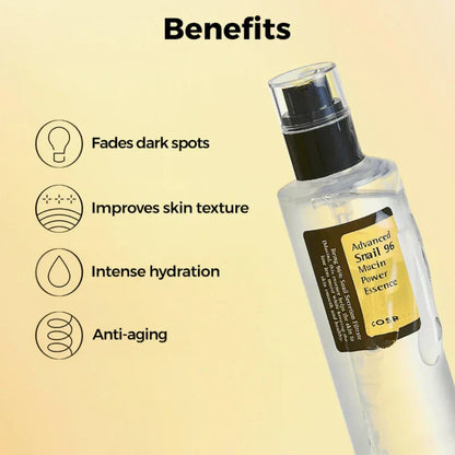 COSRX Advanced Snail 96 Mucin Power Essence packaging with snail mucin for skin regeneration and moisture