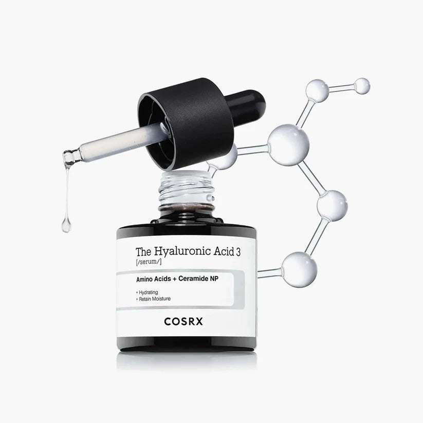 Cosrx Hyaluronic Acid 3 Serum packaging with three types of hyaluronic acid details