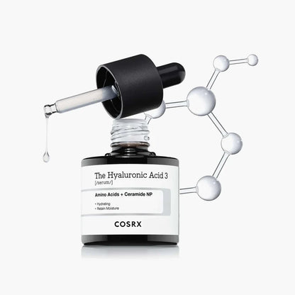 Cosrx Hyaluronic Acid 3 Serum packaging with three types of hyaluronic acid details