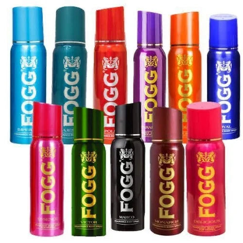Fogg Body Spray Pack of 24 packaging showing no gas formula and long-lasting deodorant collection