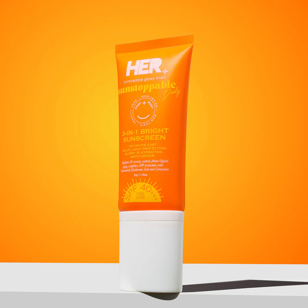 HerBeauty 3 in 1 Bright Sunscreen SPF 40 bottle with brightening and sun protection formula