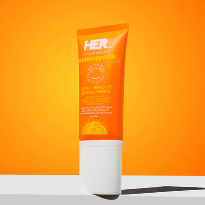 HerBeauty 3 in 1 Bright Sunscreen SPF 40 bottle with brightening and sun protection formula