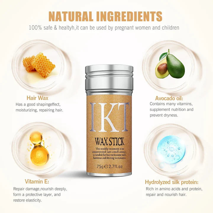 IKT Hair Wax Stick application showing flyaway control and edge styling