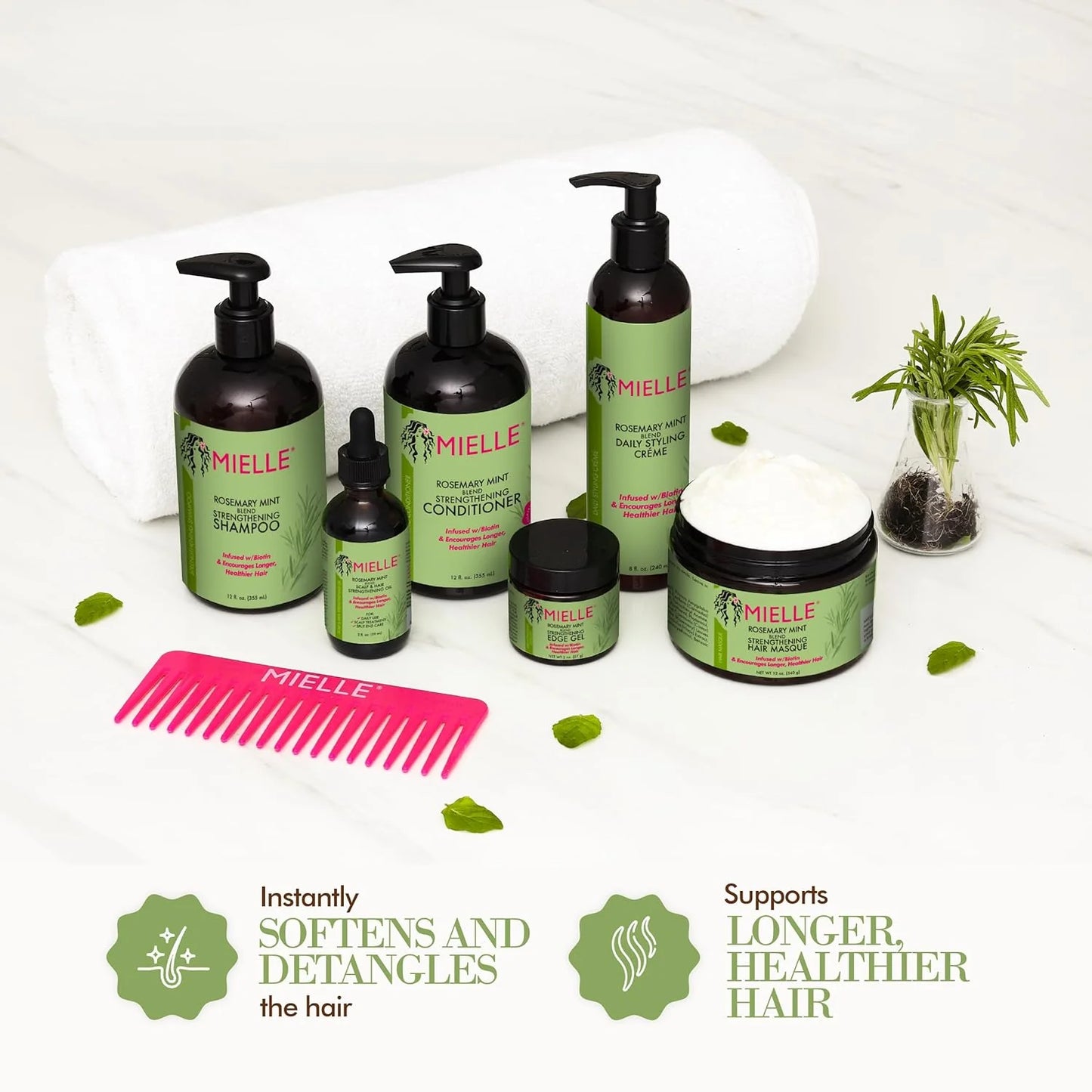 Mielle Rosemary Mint Strengthening Conditioner packaging with biotin and natural ingredients for healthy hair