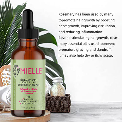 Mielle Rosemary Mint Scalp & Hair Strengthening Oil application showing scalp massage and hair treatment