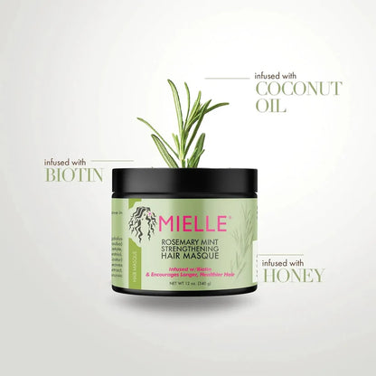 Mielle Rosemary Mint Strengthening Hair Masque packaging with biotin and rosemary oil details