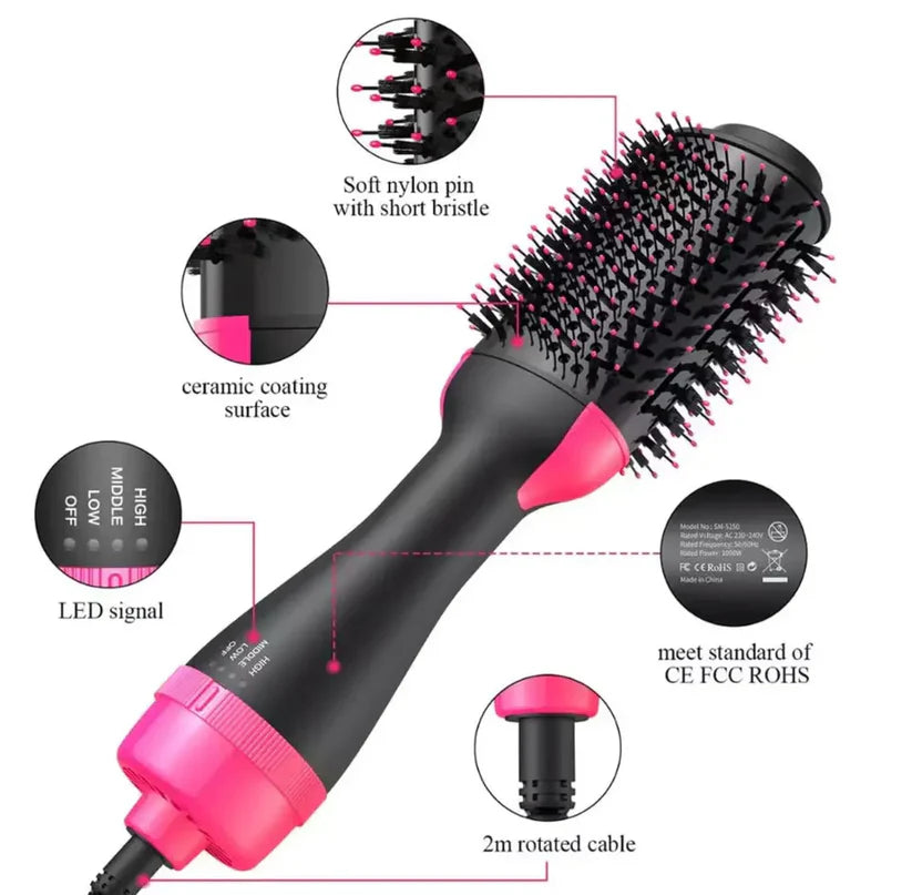 One Step Hot Air Brush packaging with multiple heat settings for all hair types