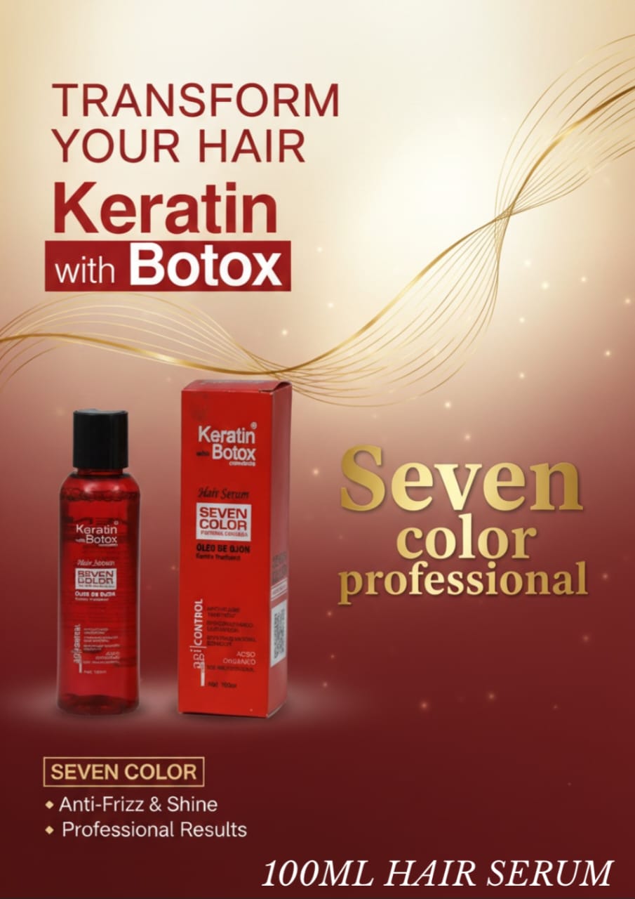 Seven Color Hair Serum packaging showing nourishing formula for silky hair
