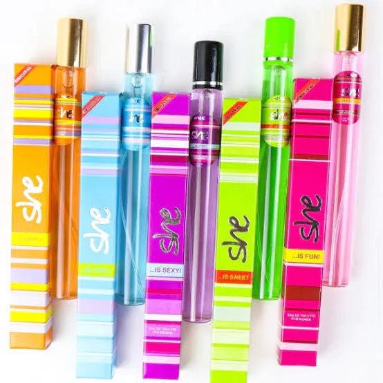 She Pen Perfume Set packaging showing 5 different fragrance pen sprays in portable design