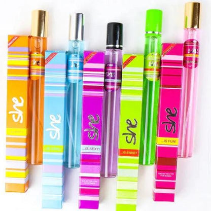 She Pen Perfume Set packaging showing 5 different fragrance pen sprays in portable design