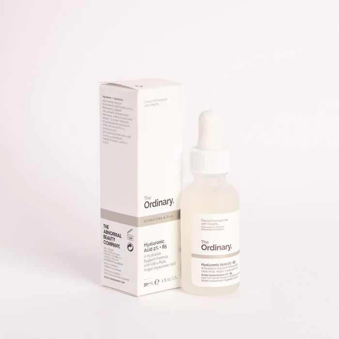 The Ordinary Hyaluronic Acid 2% + B5 Serum bottle with dropper for intense hydration and moisture retention