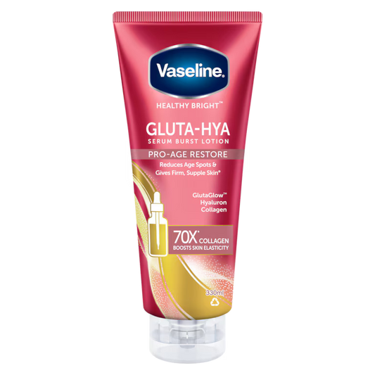 Vaseline Healthy Bright Gluta-Hya Serum Burst Lotion 330ml bottle with glutathione and hyaluronic acid for anti-aging